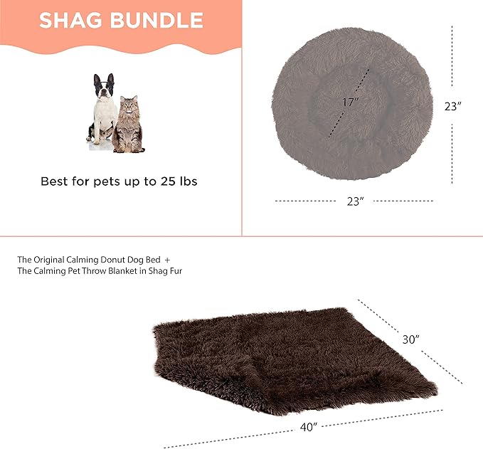 Best Friends by Sheri Bundle Set The Original Calming Shag Donut Cuddler Cat and Dog Bed + Pet Throw Blanket Dark Chocolate Small 23" x 23"
