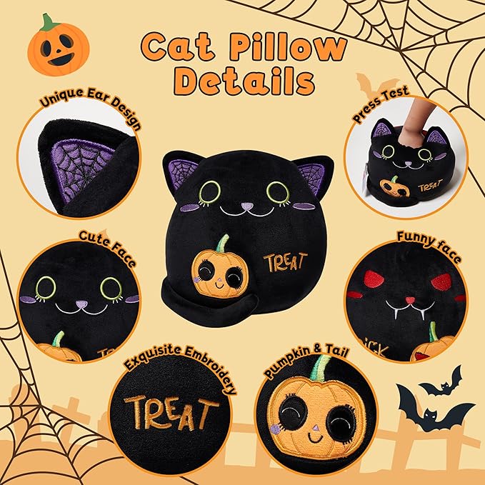 Black Cat Plush Birthday Gift - Two-Sided Stuffed Animal Toy, Funny 9.4" Soft Pumpkin Throw Pillow for Kids, Boys, Girls - 1 Piece