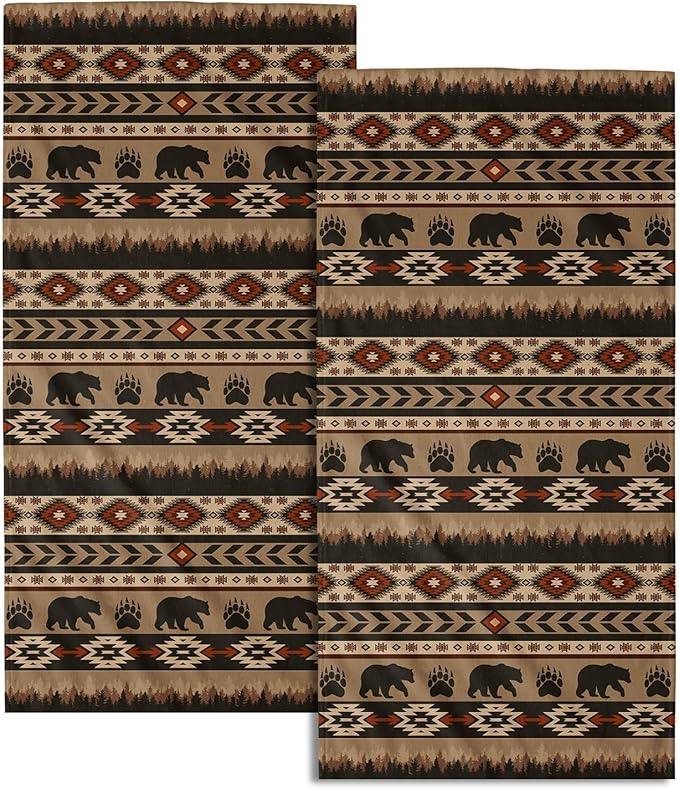 Brown Bear Forest Hand Towels Set of 2 Ethnic Tribe Soft Absorbent Decorative Fingertip Towels for Bathroom Home Kitchen Hotel Spa Gym
