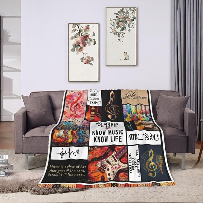 Retro Guitar Blanket for Woman Musical Instrument Guitar Throw Blanket Music Notes Decor Stuff Merch Cozy Fuzzy Warm Soft Plush Flannel Lightweight Bedding Guitar Gifts for Girls Kids Couchs 50"X40"