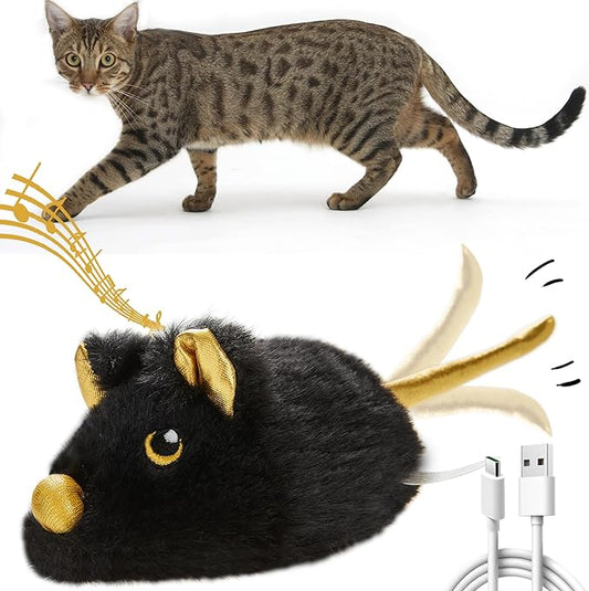 Vealind Cat Toys Rechargeable Mouse with Wagging Tail, Lifelike Squeak Chirping Electronic Mice for Indoor Cats, USB Touch Activated Kitten Toys (Black)