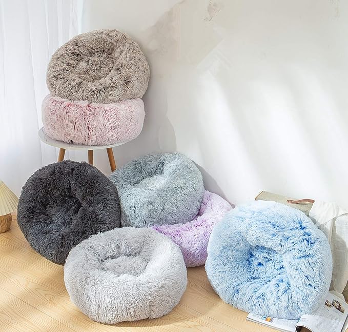 TumiMallody Donut Pet Bed, Plush Round Cuddler Cat & Dog Cushion Bed, Marshmellow Fluffy Faux Fur, Calming Comfy Furry (24 , Light Blue)