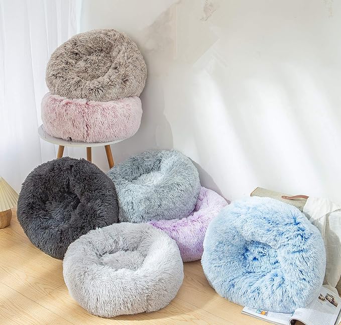 Calming Donut Dog Bed XL, Plush Round Cuddler Dog & Cat Cushion Bed, Anit-Anxiety Marshmellow Fluffy Faux Fur, Self-Warming Comfy Cozy Pet Bed (32", Deep Grey)