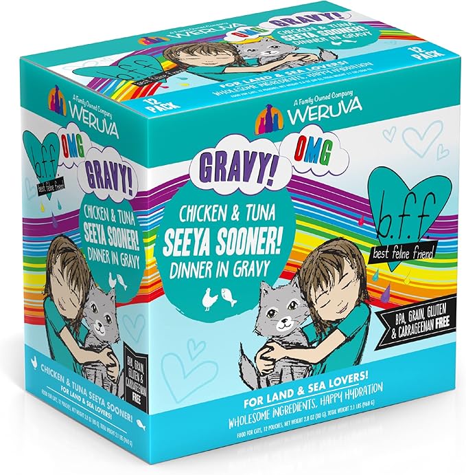 Weruva B.F.F. OMG - Best Feline Friend Oh My Gravy!, Seeya Sooner! with Chicken & Tuna in Gravy Cat Food, 2.8oz Pouch (Pack of 12)