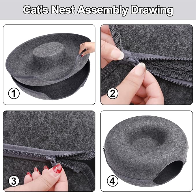 Cat Tunnel,Peekaboo Cat Cave Bed for Indoor Cats,Cat Donut Tunnel for Pet Cat House,Detachable Round Cat Felt & Washable Interior Cat Play Tunnel (20 Inch, Dark Grey)