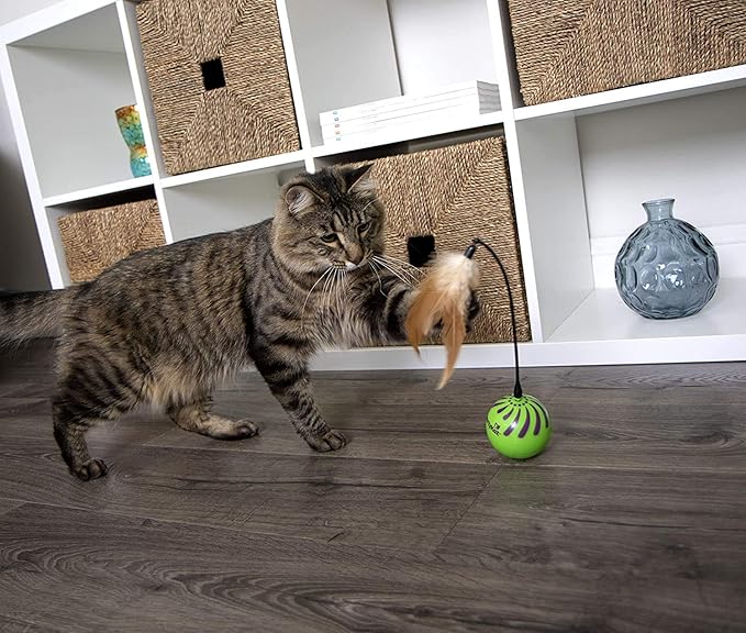 SmartKat (2 Count) Feather Whirl Electronic Motion Wand Cat Toys, Includes (2) Extra Wands, Battery Powered - Green, 2 Count