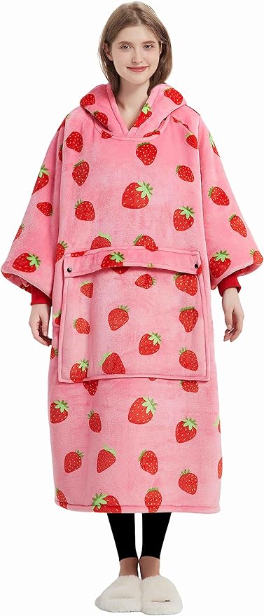 KFUBUO Wearable Blanket Hoodie for Adult Long Sherpa Strawberry Patterns Oversized Sweatshirt Blanket with Pockets Birthday Gifts for Women