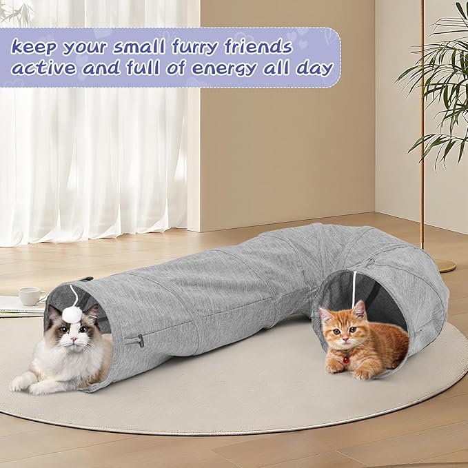 Cat Tunnel, Collapsible Bent Cat Tunnel Sturdy Oxford Fabric for Indoor Cats,Interactive Hanging Ball Pet Tunnel Tube with Cat Teaser Stick (Grey)