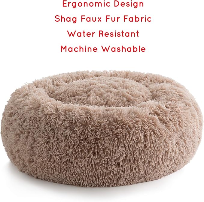 Brindle Donut Cuddler Pet Bed - Calming Anti-Anxiety Dog and Cat Bed - Plush Cozy and Washable Bed - Ergonomic Support, Large, Taupe