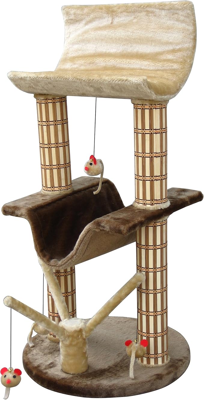PENN-PLAX Two Story Cat Tree – Decorative, Multileveled, and Playful – Includes Soft Plush Perches, Bamboo Scratching Posts, and Mouse Toys – 42” Height