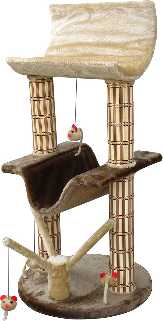 PENN-PLAX Two Story Cat Tree – Decorative, Multileveled, and Playful – Includes Soft Plush Perches, Bamboo Scratching Posts, and Mouse Toys – 42” Height