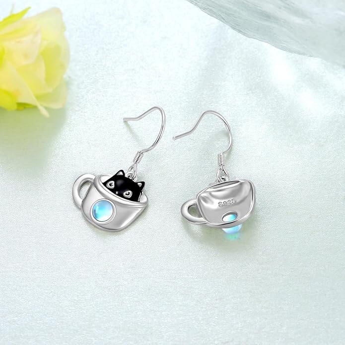 Black Cat Earrings 925 Sterling Silver Mushroom Cat/Black Cat/Panda/Sloth/Capybara/Boston Terrier/Shih Tzu Dangle Earrings Cute Animal Drop Earrings Jewelry Gifts for Women