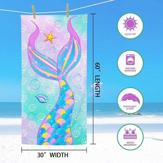 Bonsai Tree Mermaid Beach Towel, Microfiber Bath Towel for Girls and Women, Teal Tail Scale Sand Free Quick Dry Travel Towels for Kids Yoga Sports 30" X 60"