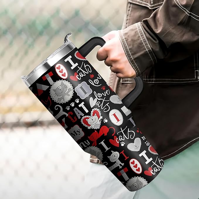 40 Oz Cat Tumbler With Straw and Handle, Double Wall Stainless Steel Coffee Mug, Insulated for Cat Lovers, Mom or Dad Cups Gifts for Women