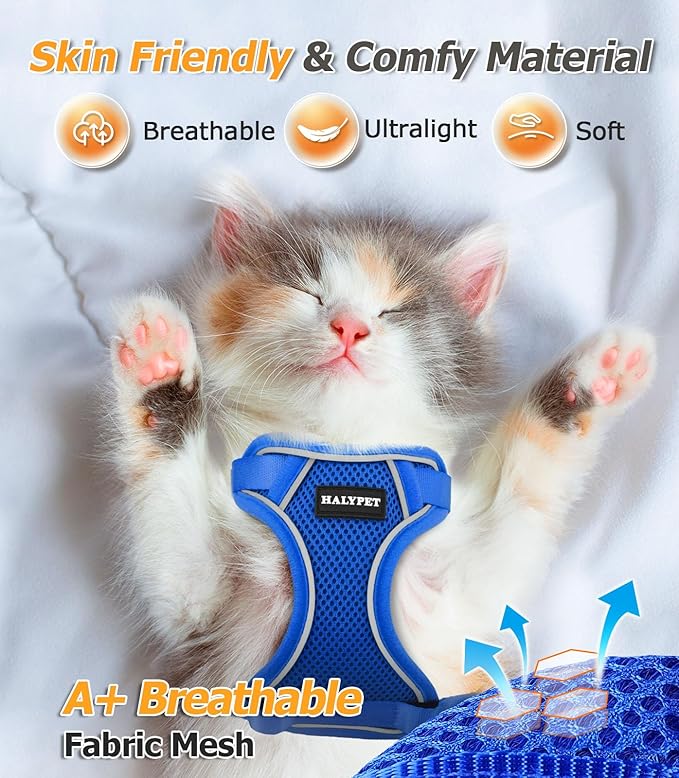 Halypet Cat Harness and Leash Set [MAX Safety 4th-Gen Upgrade] Escape Proof Adjustable Cat Leash Comfortable Soft Vest Easy to Wear Kitten Harness with Reflective Strip for Cats Walking, XS Blue