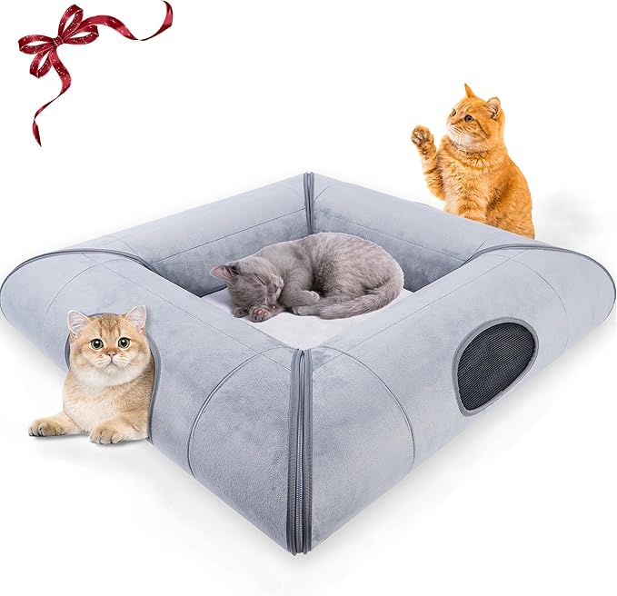 Hilltown Cat Tunnel Bed for Indoor Cats,Metal-Free Design,Scratch-Resistant Multi-Functional Cave,4 Safe Windows,Keeps Cats Safe and Entertained-Large