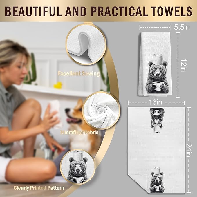 Funny Bear Hand Towels for Bathroom Decor, Bear Lover Gifts, Kids Bathroom Hand Towels, Funny Kitchen Towels, 16x24 Inches
