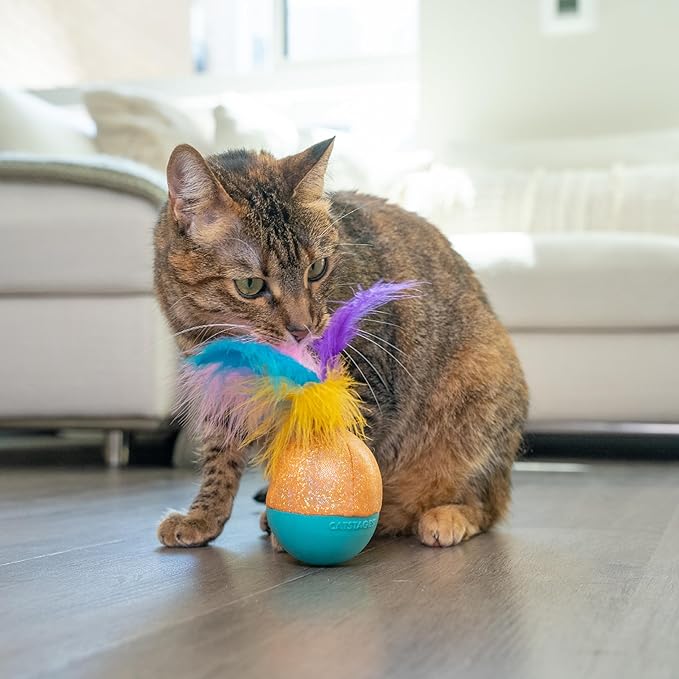 Catstages Whack N’ Wobble Ball Interactive Cat Toy Catnip Coated Wobble Ball with Feathers and Bells, Turquoise