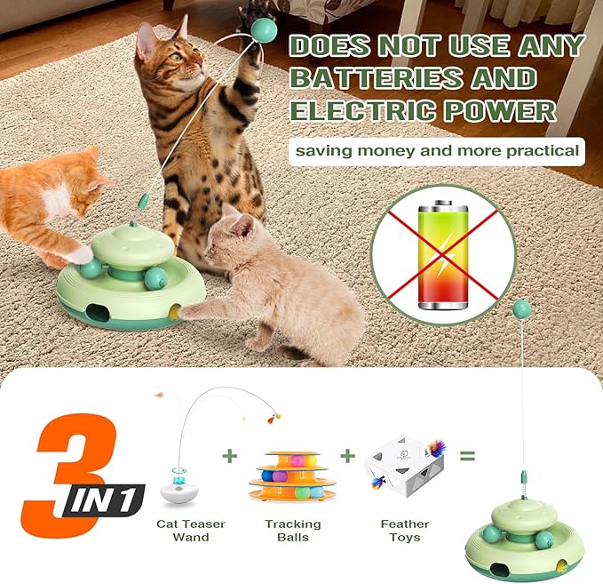 Zaabaaziba Interactive Cat Toys, Track Balls Kitten Toy for Indoor, High-Elasticity Cat Teaser Wand Cat Feather Toy, Perfect Toy for Multi-Cat Households for All Cat Breeds Green