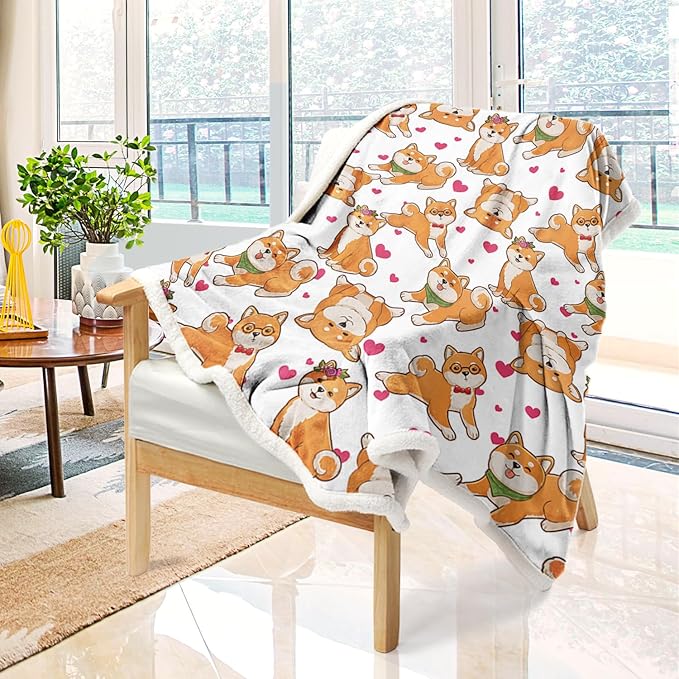 BlessLiving Cute Watercolor Dogs Pattern Fleece Blanket Shiba Inu Puppy Sherpa Reversible Throw Animal Print Plush Blanket (Twin, 60 x 80 Inches)