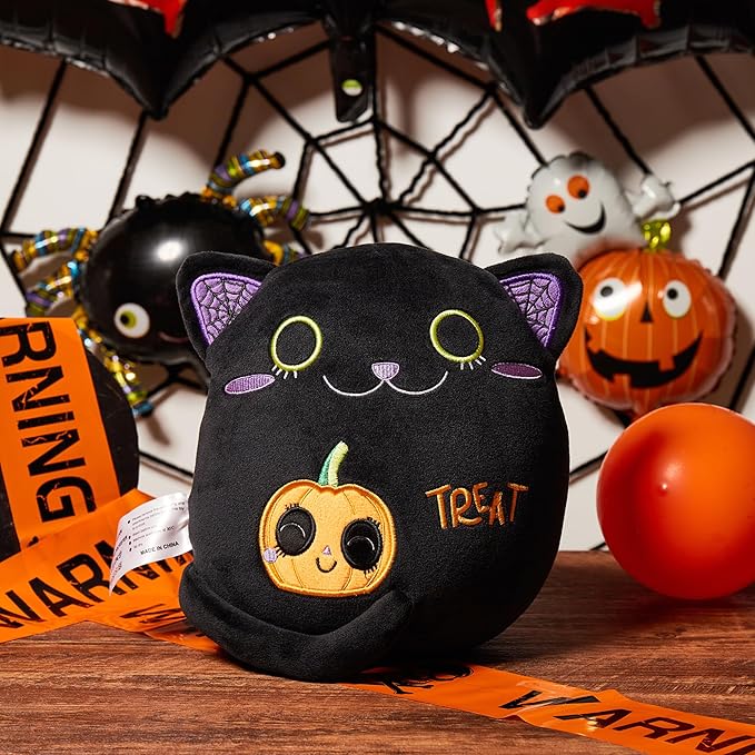 Black Cat Plush Birthday Gift - Two-Sided Stuffed Animal Toy, Funny 9.4" Soft Pumpkin Throw Pillow for Kids, Boys, Girls - 1 Piece