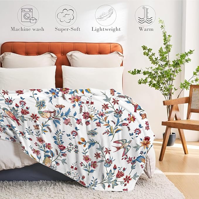 Bird Floral Throw Blanket Flower Plant Cozy Fuzzy Plush Throw Blankets Flannel Fleece Throw Blanket Gift for Women Girl Adult Boho Blankets for Bed Sofa Travel 60" x 80" Inch