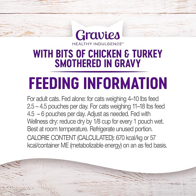 Wellness Healthy Indulgence Gravies Grain-Free Wet Cat Food, Made with Natural Ingredients and Quality Proteins, Complete and Balanced Meal, 3 oz Pouches (Chicken & Turkey in Gravy, 24 Pack)