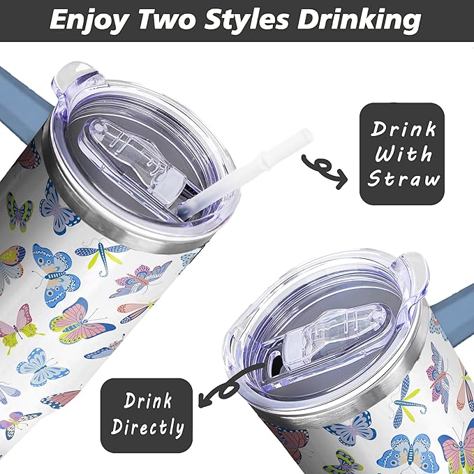 40 Oz Butterfly Tumbler with Handle and Straw, Double Wall Stainless Steel Cup, Butterfly Tumbler with Lid and Straw, 40 Oz Water Bottle and Mugs for Women Gifts