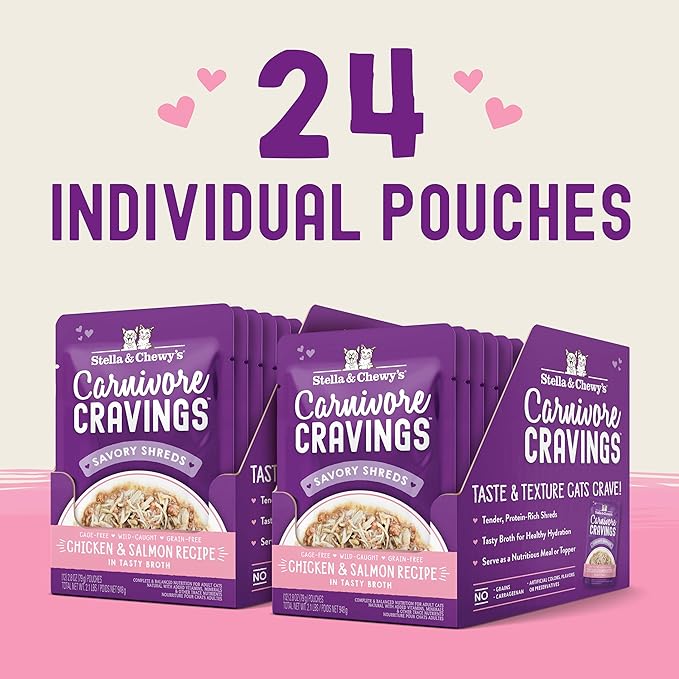 Stella & Chewy's Carnivore Cravings Wet Cat Food Pouches – Grain Free, Protein Rich Meal, Topper or Treat – Chicken & Salmon Recipe (2.8 Ounce Pouches, Case of 24)