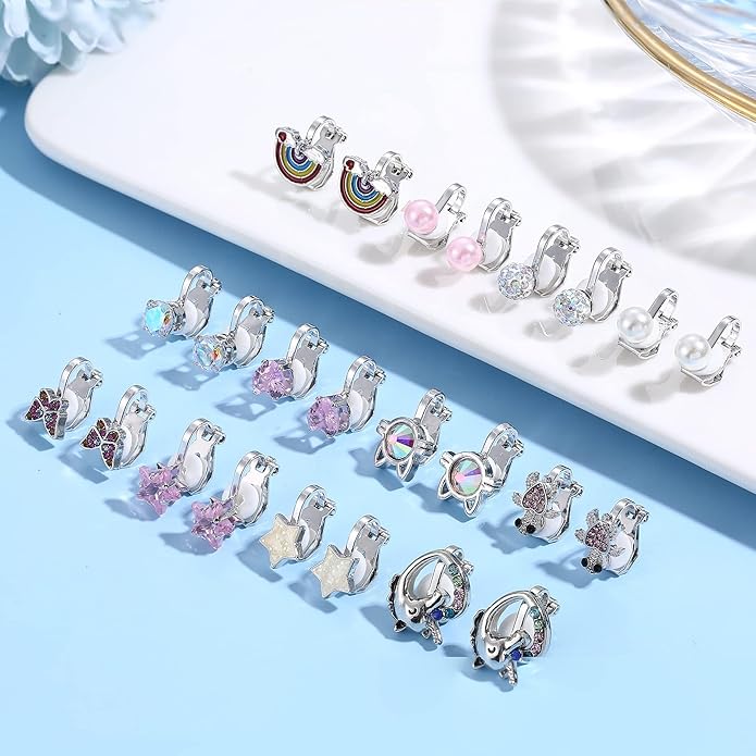 BESTEEL 12 Pairs Clip on Earrings for Women Cute CZ Cat Pearl Star Heart Turtle Butterfly Clip Earring Hypoallergenic Fake Clip-on Stud Non Pierced Earrings Set Multicolored Silver