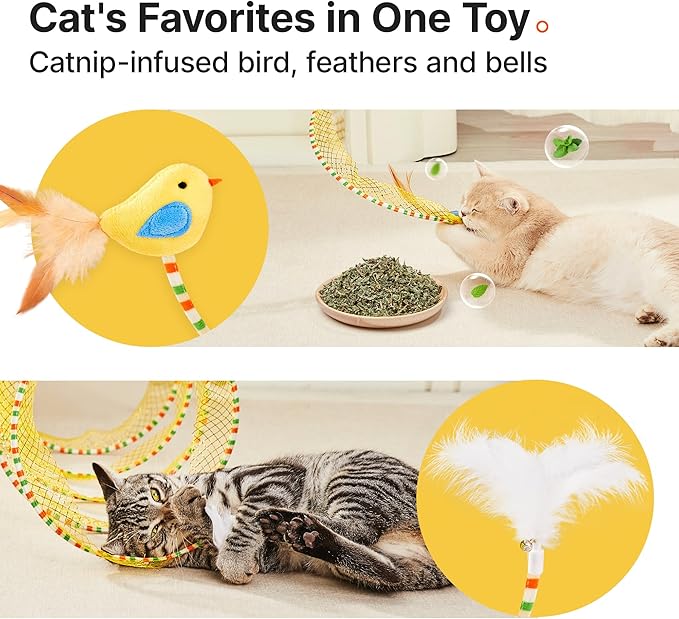 Potaroma Cat Tunnel Toy, Self Play Spiral Cat Play Kitten Tunnel Toy, Collapsible Tunnel Toy for Indoor Cats with Feather and Bell, 18 Inches Unfolded