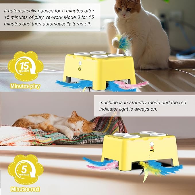 Cat Toys, Interactive Cat Toys, 2-in-1 Automatic Cat Toy, 4 Holes Mice Whack A Mole Cat Mouse Toy with Moving Feather, Portable USB Rechargeable Electronic Kitten Toys (Yellow)