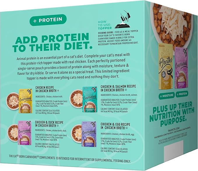 Tiki Cat Born Carnivore Complements Wet Cat Food Topper, Variety Pack 2.1 oz. Pouch (12 per Box)