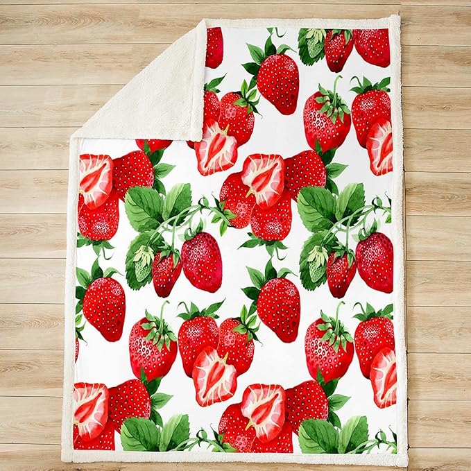 Strawberry Themed Fleece Throw Blanket for Bed & Couch - Tropical Fruit Print Sherpa Plush Blanket - Red Fuzzy - 40"x50"
