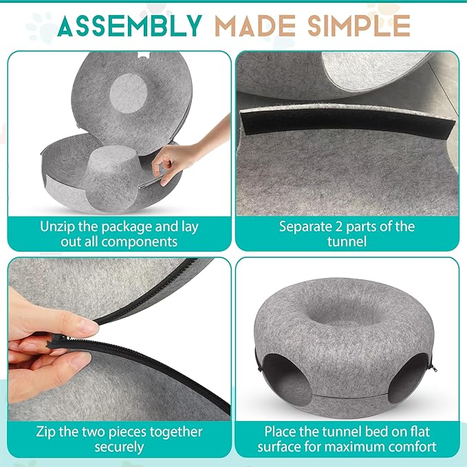 DMMC Cat Tunnel Bed, Detachable Donut Cave for Indoor Cats, Peekaboo Nest Donut for Large Cats, Hideaway Cave 2 Toys & 1 Hair Remover Brush - Washable Pet Tunnel Bed Scratch Resistant (24" Light Grey)