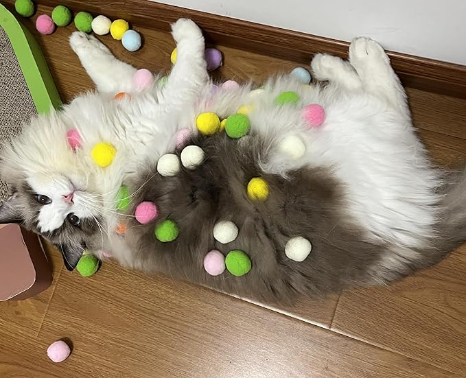 Cat Ball Launcher Toy, 50PCS 1.2Inch Cat Pompom Ball and 2 Cat Ball Toy Launcher, Soft Interactive Cat Balls, Active Cat Exercise Toys for Indoor Cats-Multi-Colored