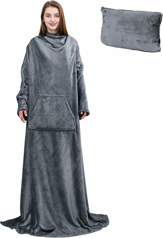Solaris Travel Wearable Blanket with Sleeves, 2 in 1 Packable Airplane Pillow Blanket for Adult Women Men, Soft Cozy Warm Snuggy Body Blanket for Outdoor Indoor Home Lounge, Gray