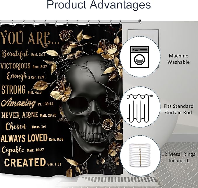 Black Gold Skull Shower Curtain 60Wx72L Inch Quotes Inspirational Motivational Positive Leaves Plant Cool Bathroom Set Accessories Decor with 12 Pack Hooks