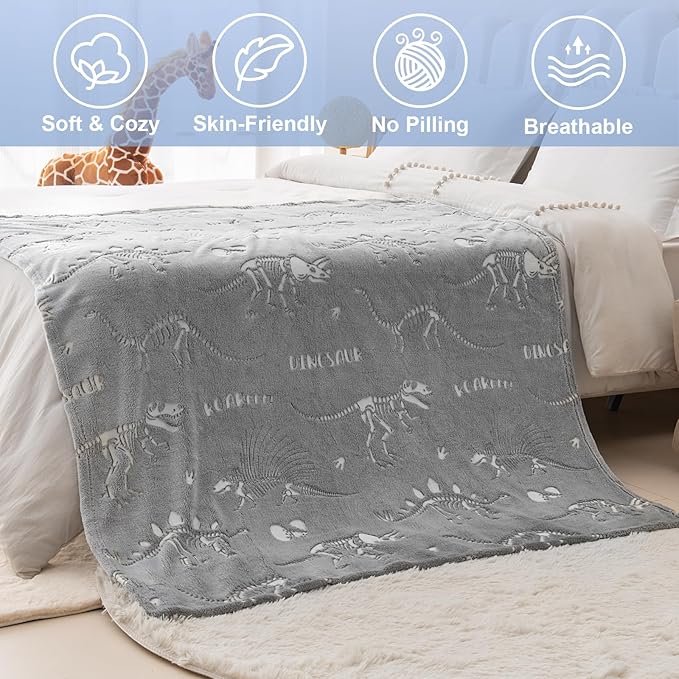 Dinosaur Toys Gifts for Kids Boys - Dino Glow in The Dark Blanket Best Birthday Christmas Valentines Easter Presents for Girls Toddler Age 1 2 3 4 5 6 7 8 9 10 Years Old Child Teen Soft Throw 50"x60"
