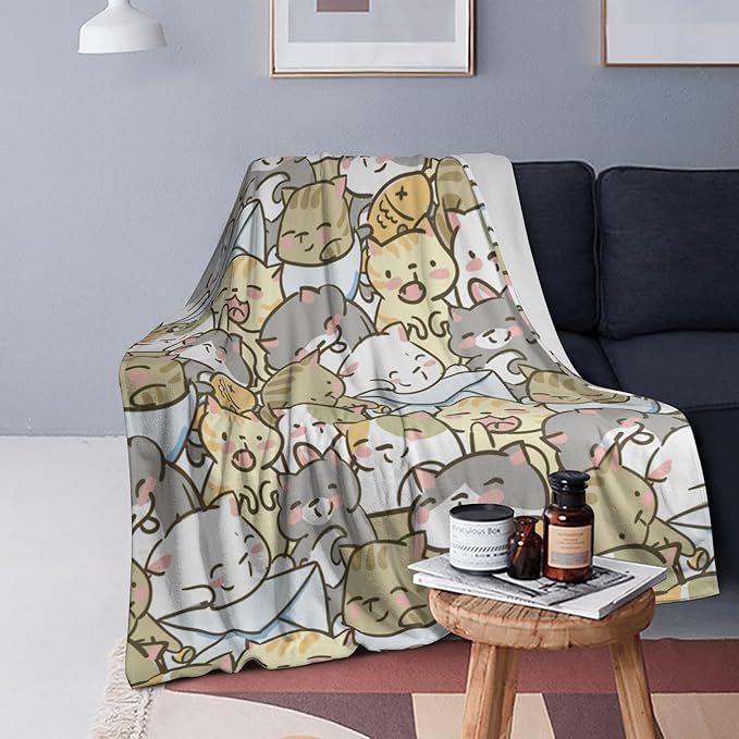 Cute Kids Cats Print Blanket Throw 60"X50", Plush Flannel Blankets with Cats On It, Gifts for Kids Women Cat Lovers People