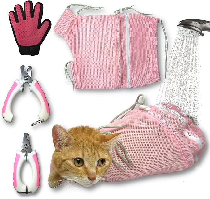 High Performance 3 Layers Cat Bathing Bag Set - 3 Pcs Multifunctional Grooming Kit with Restraint Bag, Durable Clippers, Bathing Glove - Cat Bathing Bag Anti Scratch - Cat Washing Bag for All Ages…