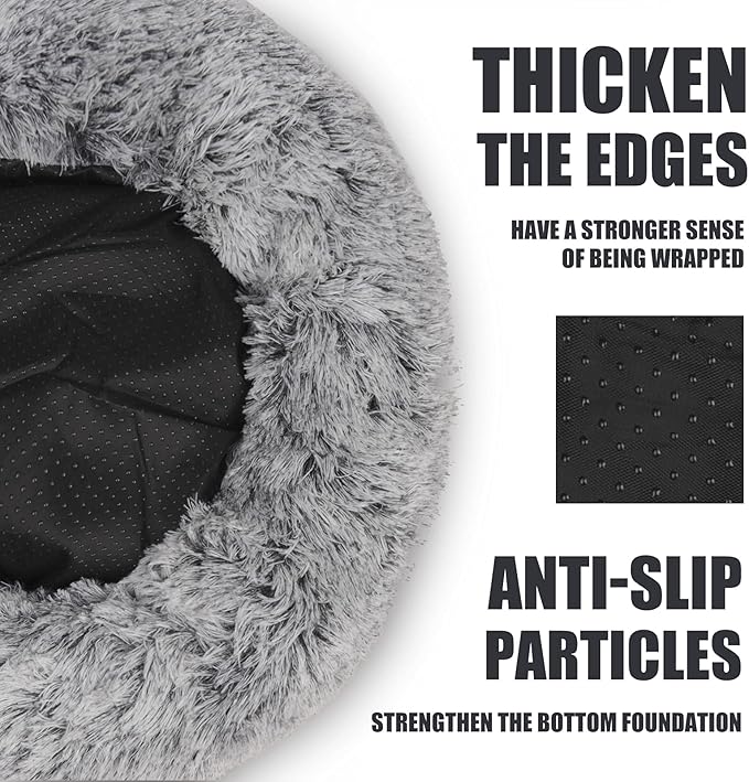 ShinHye Cat Bed Round Plush Fluffy Hooded Cat Bed Cave, Cozy for Indoor Cats or Small Dog beds, Soothing Pet Beds Doughnut Calm Anti-nxiety Dog Bed - Waterproof Bottom Washable, (23×23inch, Grey)