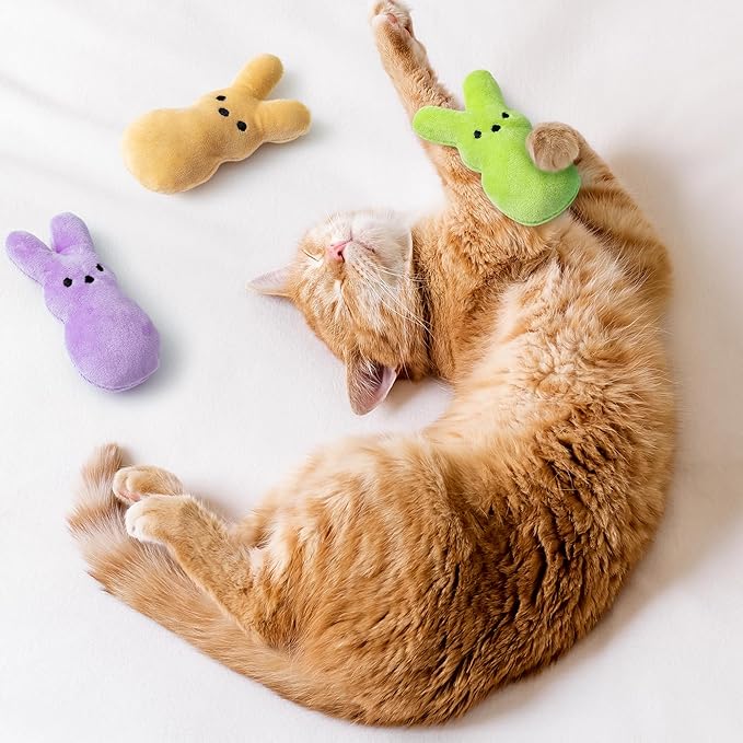 MALLMALL6 5Pcs Easter Bunny Catnip Toys Gift for Cat, Indoor Cat Chew Bite Kick Plush Colorful Rabbit Peeps Catmint Pet Toys for Cat Lover Gifts, Cute Interactive Cat Toy for Pet Presents