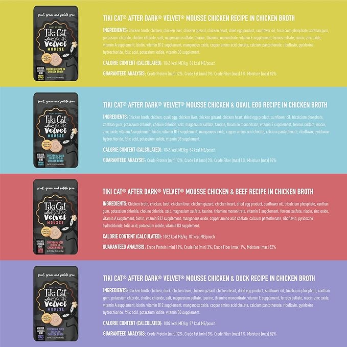 Tiki Cat After Dark, Velvet Mousse, Variety Pack, Grain & Potato Free Formula, with High Protein & Nutrient Dense Blended Irresistible Organ Meat, 2.8 oz. Pouch (Pack of 12)