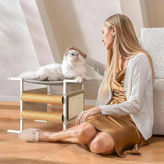 Elevated Cat Bed with Cat Scratching Post and Cat Scratcher,Cat Bed for Desk,Small Cat Tree Tower Stand,Cute Cat Condo for Kittens Medium Cats for Small Space