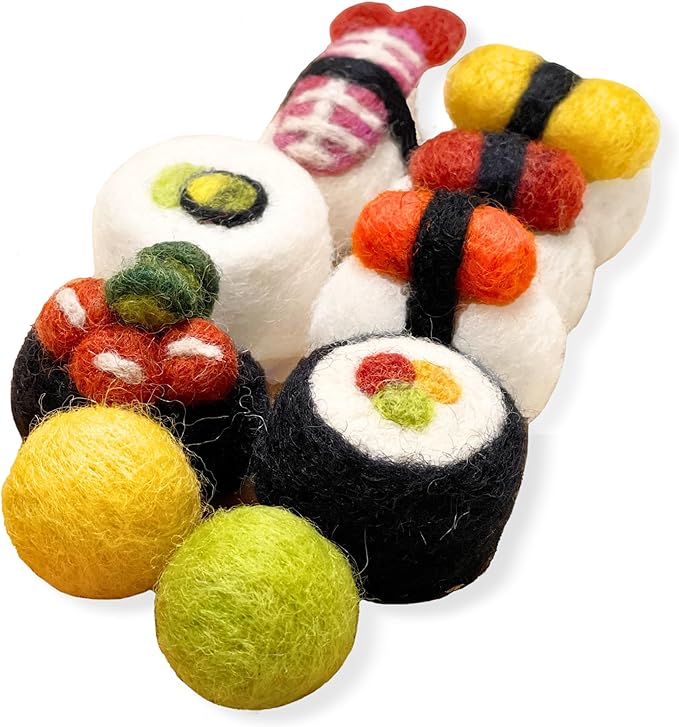 Woolbuddy Cat Toy - Cat Sushi Toy, 8pcs, Wool Cat Toy for Boredom & Stimulating, Cute Interactive Cat Toys for Indoor Cats, Self Play Cat Kitten Toys, Cat Chew Toy, Cat Enrichment Without Catnip