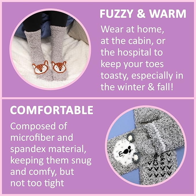 BambooMN Super Soft Warm Cute Furry Animal Non-Slip Fuzzy Cozy Fluffly Crew Winter Home Socks, Value Pack