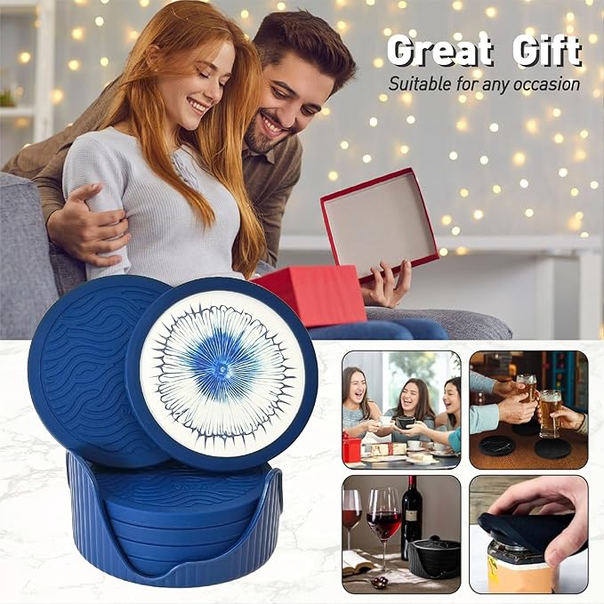 6-Pack Indigo Silicone Coasters with Deep Tray Holder - Double-Sided Drink Coasters - Beverage Mats for Hot or Cold Drinks - Thick, Non-Slip, Non-Stick Silicone with Ceramic Insert