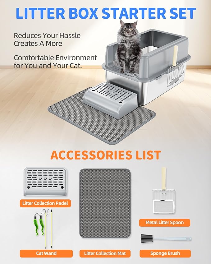 9-in-1 Stainless Steel Litter Box Set - [Odorless] Extra Large Metal Litter Box High Sided Cat Litter Box with Lid, XL Litter Box for Cats, Kitty, Non-Sticky, Anti-Leakage, Easy Clean(Gray)