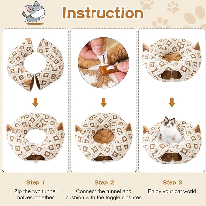 Cat Tunnel with Cat Bed for Indoor Cats, 3 in 1 Cat Donut Tunnel, Cute Cat Bed with Cushion Peephole and Cat Ear for Cats, Kittens, Rabbit, New Jacquard Pattern
